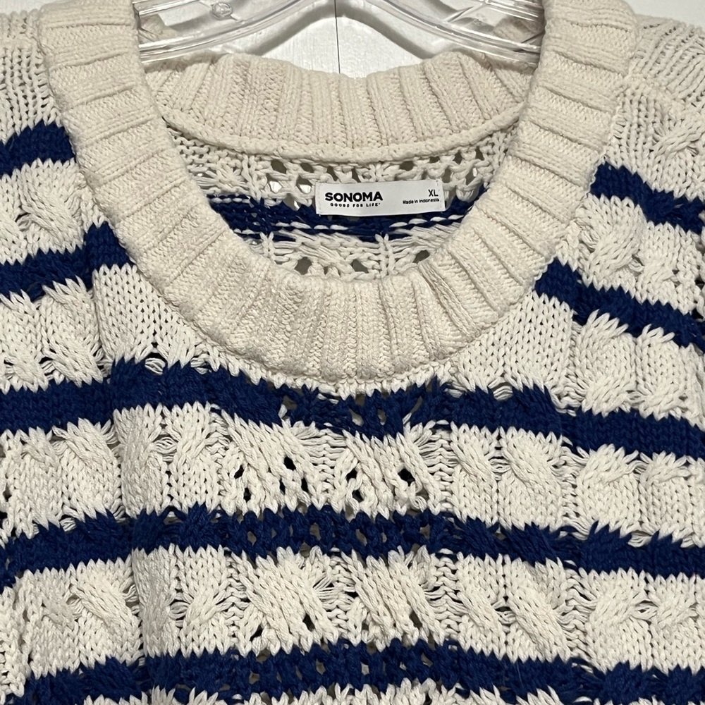 Sonoma Women's Cream and Blue Stripe Chunky Open Knit Sweater